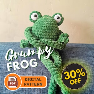 Grumpy Frog - Digital Crochet Pattern for a long legged Frog in Velvet Yarn - Beginner friendly pattern