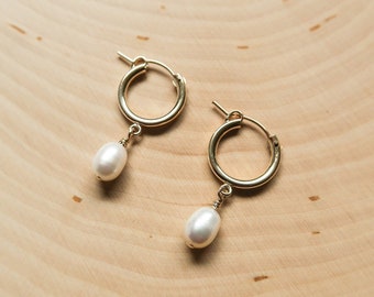 Pearl Hoops Earrings - Freshwater Pearl Earrings - Minimalist Earrings - Wedding Earrings - Gold Hoops - Gift for Her