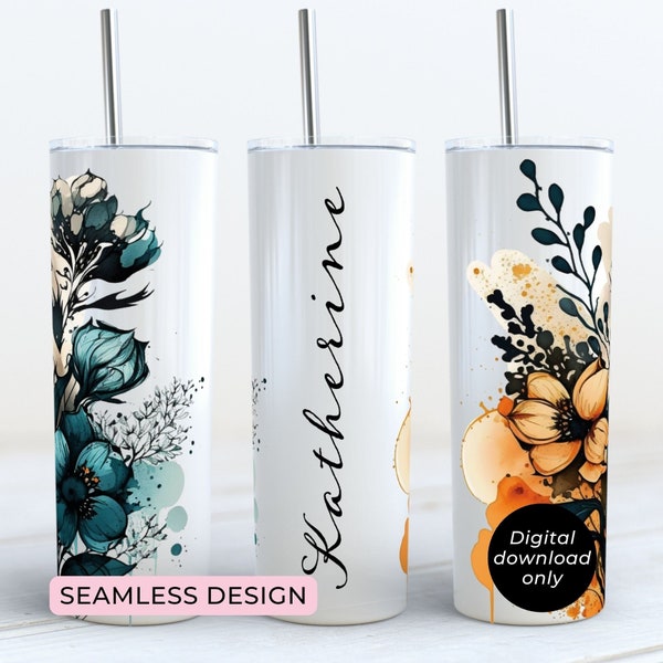 Orange & Teal Floral Tumbler Wrap | Add Your Own Text | Add Your Own Name Tumbler | Skinny Tumbler 20Oz Design | Gift for Her | FT1