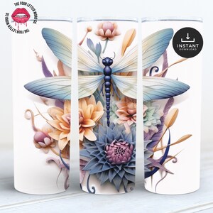 3D Dragonfly Tumbler Wrap | Colorful Dragonfly & Flowers Tumbler | Floral Dragonflies | Dragonfly PNG | Straight Tapered Tumbler | 3DT1