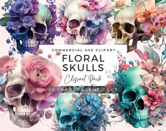 25 Floral Skull Clip Art Bundle | Wiccan Clipart | Skull Sublimation Design | Skull Vector | Skull Printable | Trendy Skull PNG | SC01