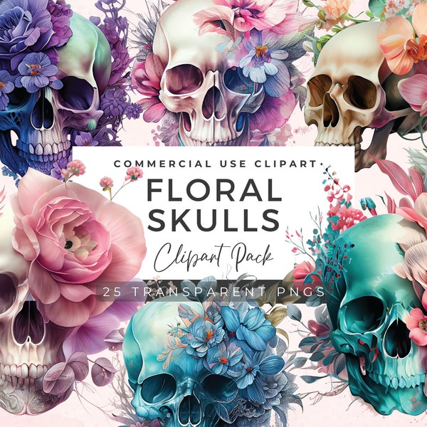 25 Floral Skull Clip Art Bundle | Wiccan Clipart | Skull Sublimation Design | Skull Vector | Skull Printable | Trendy Skull PNG | SC01