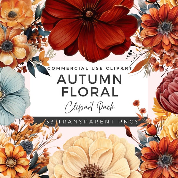 33 PNG Autumn Flowers Clipart Bundle |  Fall Floral Clipart | Watercolor Autumn Bouquets | Watercolor Flowers | Autumn Wedding | FC01