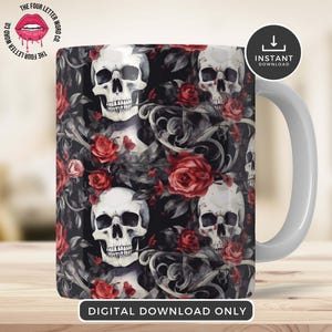 Gothic Floral Mug Wrap | Vintage Skull Mug PNG | Flower Skull Mug | Gothic Gift | 11oz & 15oz Mug Sublimation Wrap | GFM01