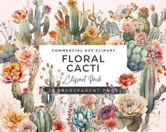 20 PNG Watercolor Cactus Floral Clip Art Bundle | Cactus PNG | Cacti Clip Art | Western PNG | Paper Crafts | Junk Journal |  WC01