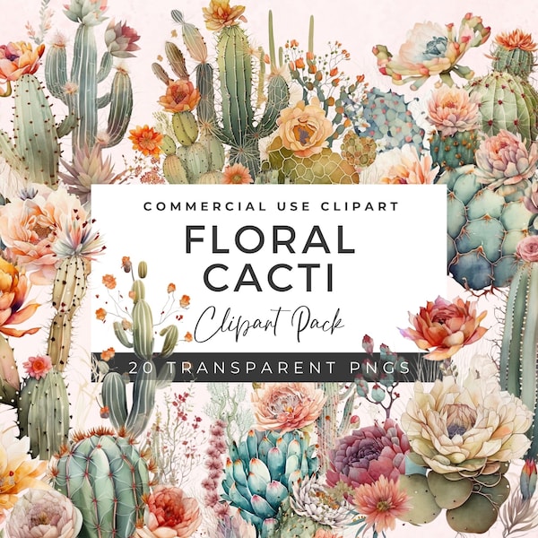 20 PNG Watercolor Cactus Floral Clip Art Bundle | Cactus PNG | Cacti Clip Art | Western PNG | Paper Crafts | Junk Journal |  WC01