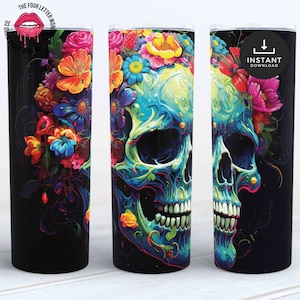 Bright Skull and Flowers Tumbler Wrap | Floral Skulls Tumbler | Halloween Tumbler Wrap | Skull Halloween Sublimation | BST1