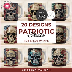 Patriottische schedel mok wrap bundel | Amerikaanse vlag mok | Trendy schedel png | Gotisch mokontwerp | 11oz & 15oz mok sublimatie wrap | PSM01