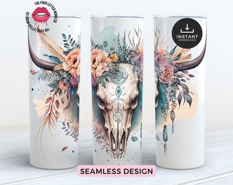 Stier schedel Tumbler PNG | Westerse Tumbler Wrap | Aquarel Stierschedel | Naadloze sublimatieontwerpen | 20 Oz mager Tumbler-ontwerp | BST1