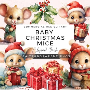 Cute Baby Christmas Mice Clipart Bundle | Christmas Mouse Clipart | Watercolor Winter Clipart | Christmas Decor | Christmas PNG | AC01