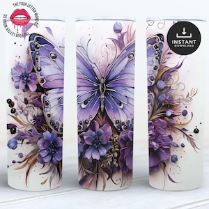 Paquete de envoltura de vaso de mariposa con brillo púrpura / Diseño de vaso de mariposa / Regalos para amantes de las mariposas / Vaso flaco de 20 oz / PBT1