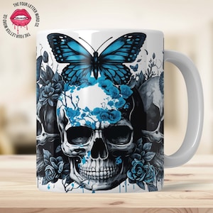 Blue Skulls and Butterflies Sublimation Template | 11oz & 15oz Mug Wrap Template | PNG Design | Cricut Mug Press Sublimation Wrap | SKL01