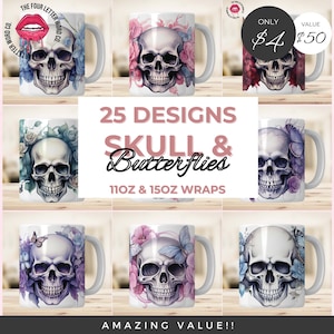Skull and Floral Butterfly Mug Wrap Bundle | Watercolour Skull Sublimation | Trendy Skull Png | 11oz & 15oz Mug Sublimation Wrap | FSM01