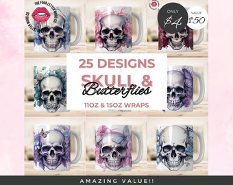 Skull and Floral Butterfly Mug Wrap Bundle | Watercolour Skull Sublimation | Trendy Skull Png | 11oz & 15oz Mug Sublimation Wrap | FSM01