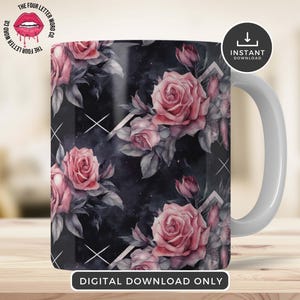 Gothic Floral Mug Wrap | Vintage Skull Mug PNG | Flower Skull Mug | Gothic Gift | 11oz & 15oz Mug Sublimation Wrap | GFM01