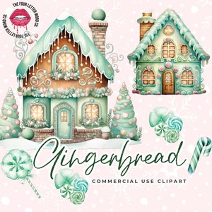 Mint grün Weihnachten Lebkuchen Haus Clipart Bundle | Lebkuchen PNG | Süßigkeiten PNG | Urlaub Clipart | Weihnachten Clipart | CC01