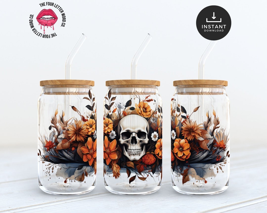 Skull Flowers Libbey Glass Can Wrap | Floral Skull Coffee Cup | Skull ...