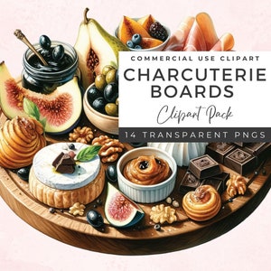 Paquete de imágenes prediseñadas de tablero de charcutería de acuarela / Imágenes prediseñadas de alimentos / Cultura francesa / Tablero de carne / Imágenes prediseñadas de charcutería / Imágenes prediseñadas de acuarela / FC01