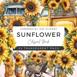 24 PNG Watercolor Sunflower ClipArt Bundle | Sunflower Clipart | Boho Flowers | Rustic Wedding | Sunflower PNG | Watercolor Bouquets | FC01