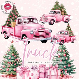 Christmas Pink Truck Clipart Bundle | Christmas Pink Farm Truck PNG | Watercolor Winter Clipart | Holiday Clipart | Christmas Clipart | CC01