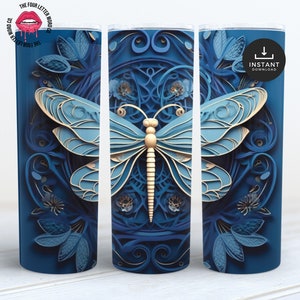 3D Dragonfly Tumbler Wrap | Stunning Blue Dragonfly & Flowers Tumbler | Floral Dragonflies | Dragonfly PNG | Straight Tapered Tumbler | 3DT1