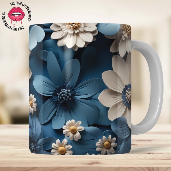 3D Floral Mug Wrap | Blue Floral Mug Png | 3D Flowers Mug Wrap | Flower Mug Design | Gift For Her | 11oz & 15oz Mug Sublimation | FM01