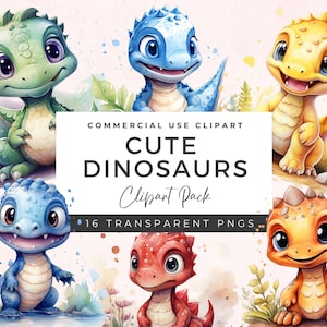 Cute Dinosaur Clipart Bundle | Watercolor Dinosaur PNG | Dinosaur Birthday Party | Baby Dinosaurs | Kids Wall Art | Commercial Use | DC01