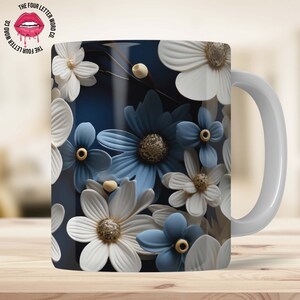 3D Floral Mug Wrap | Blue Floral Mug Png | 3D Flowers Mug Wrap | Flower Mug Design | Gift For Her | 11oz & 15oz Mug Sublimation | FM01