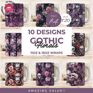 Gothic Floral Mug Wrap Bundle | Vintage Skull Mug PNG | Flower Skull Mug | Gothic Gift | 11oz & 15oz Mug Sublimation Wrap | GFM01