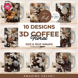 3D Floral Mug Wrap Bundle | Floral Mug Png | 3D Flowers Mug Wrap | Flower Mug Design | Gift For Her | 11oz & 15oz Mug Sublimation | FM01