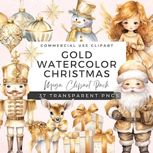 Gold Christmas Clipart Bundle | Gold Christmas Sublimation | Watercolor Winter Clipart | Holiday Clipart | Junk Journal | Invitations | CC01