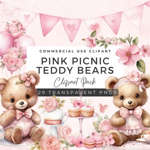 Pink Teddy Bear Clipart Bundle | Cute Teddy Clipart | Watercolor Baby Shower Clipart | Baby Girl | Nursery Decor | Junk Journals | TC01
