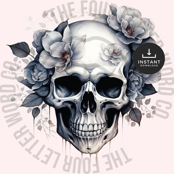 Floral Skull Clip Art | Wiccan Clipart | Skull Sublimation Design | Skull Printable | Trendy Skull PNG | Monochrome Floral | SP01