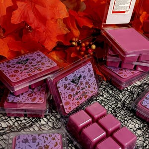 May include: Several packages of pink wax melts are displayed, some with the label "Groovy Witch Wax Melts". The packaging is clear plastic, and the background features orange fall leaves and a black and white web.