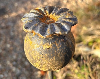 Poppy plant supports 3 Poppy Seed heads Rustic Allium steel rusty