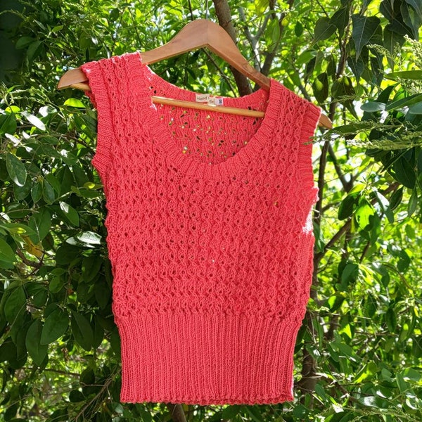 70s lace top handknitted hot coral ribbed waist vest tank with all over lace cotton size 10 AU/ medium