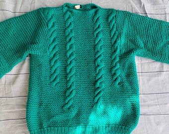 Vintage Handknitted 80s style balloon sleeve sweater in petrol blue, with tiered cable design, ladies sweater size 10AU/ medium