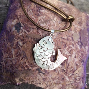 Fish sterling silver pendant carved mother of pearl and metallic leather cord necklace Pisces gift idea