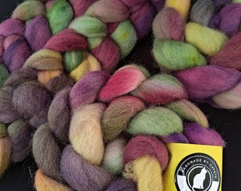 Handgeverfde Nieuw-Zeelandse perendalevezel - spinvezel "Dionysus" 100 g groen bordeaux geel paars handgeverfde vezels, 100% perendalewol, zeldzaam ras