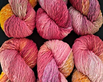 Hand dyed wool/cotton yarn: 8ply "Ares" 100g/200m red burgundy tonal textured hand dyed Australian merino wool orange red flame tones