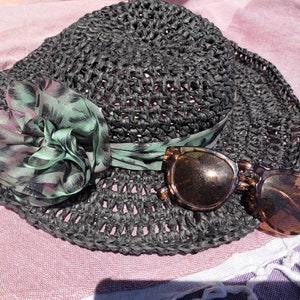 Crotchet paper hat/ black sun hat/handmade straw hat/taffeta ribbon/ leopard print/ hand knitted rose trim/wide brim hat adjustable size M-L