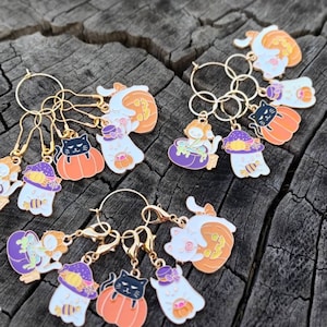 Spooky stitch markers sets: Halloween stitch markers, knitting & crochet markers, set of five, choose your clasps; lobster, pins or rings
