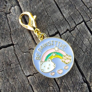 BE PAWSITIVE cute cat progress keeper, Knitting and crochet markers, rainbow affirmation stitch markers, cat kitty crochet, positivity quote