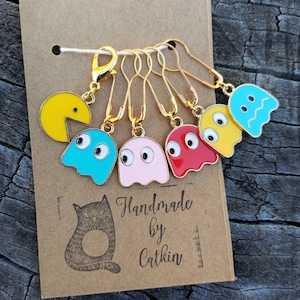 Ghosts steekmarkeringen en voortgangsbewaker: set van 6 haak- en breisteekmarkeringen met Calabash-pinnen retro videogame 8-bit geesten