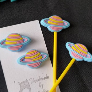 Knitting needle stoppers/ knitting needle keepers: Saturn planet space set of 2 needles stoppers silicone end monster toppers knitting caps