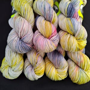 Hand dyed bamboo yarn- 12ply &quot;Monet&quot; hand dyed yarn, 100% bamboo lyocell yarn, 85g/3oz skeins, Yellow, Blue and pink hand dyed vegan yarn