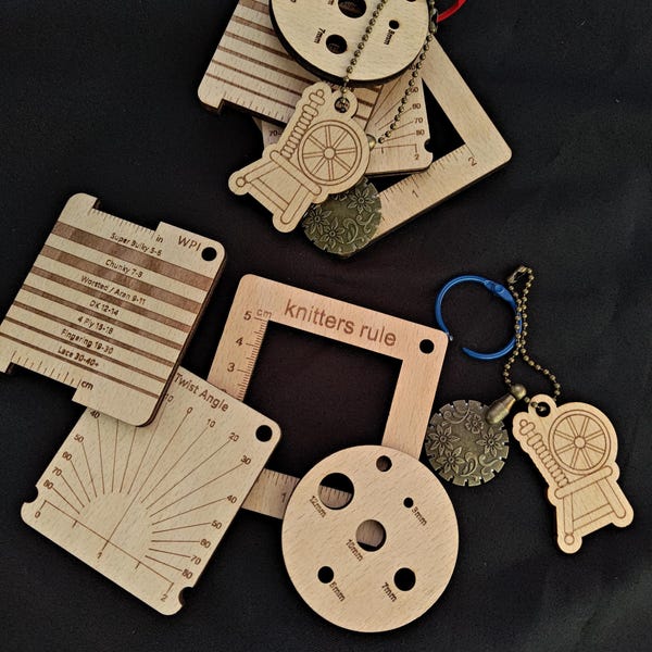 Spinner's toolkit: wraps per inch (WPI), twist angle, diz, knitting gauge rule, yarn cutter, hand spinning tools, laser engraved wood