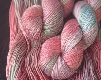 Hand dyed bamboo/cotton yarn: 5ply &quot;Holly Berry&quot; 50g/145m pink/white/mint tonal dyed yarn, bamboo viscose blended yarn, vegan pastel yarn