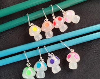 Mushroom stitch markers sets: leverback loops knitting and crochet stitch markers, glow in the dark mushrooms, rainbow mushrooms, cottage