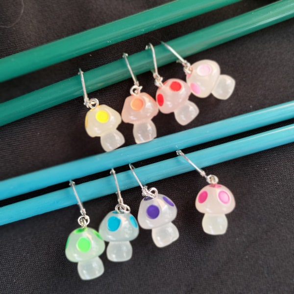 Mushroom stitch markers sets: leverback loops knitting and crochet stitch markers, glow in the dark mushrooms, rainbow mushrooms, cottage